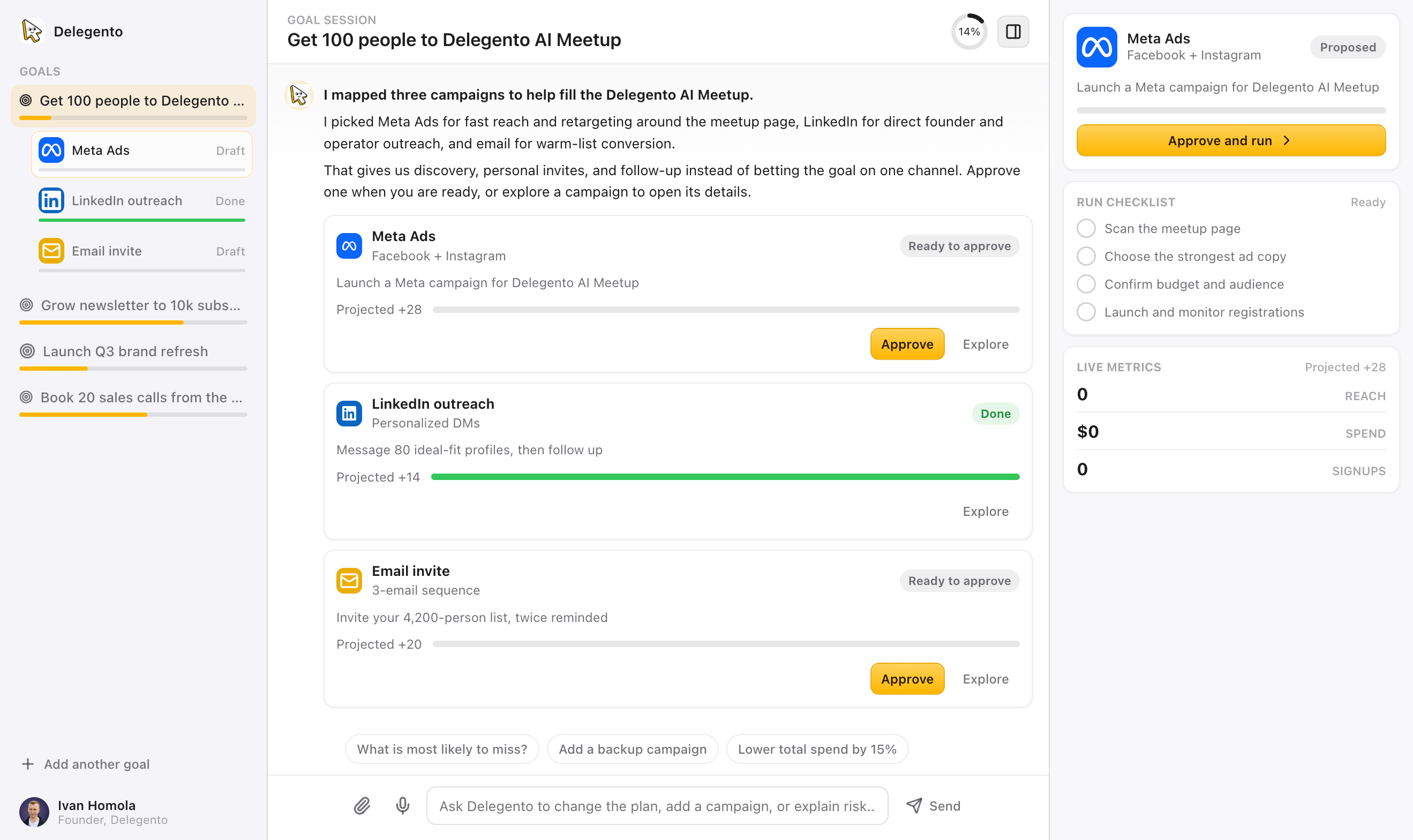 Delegento goal workspace with campaign recommendations